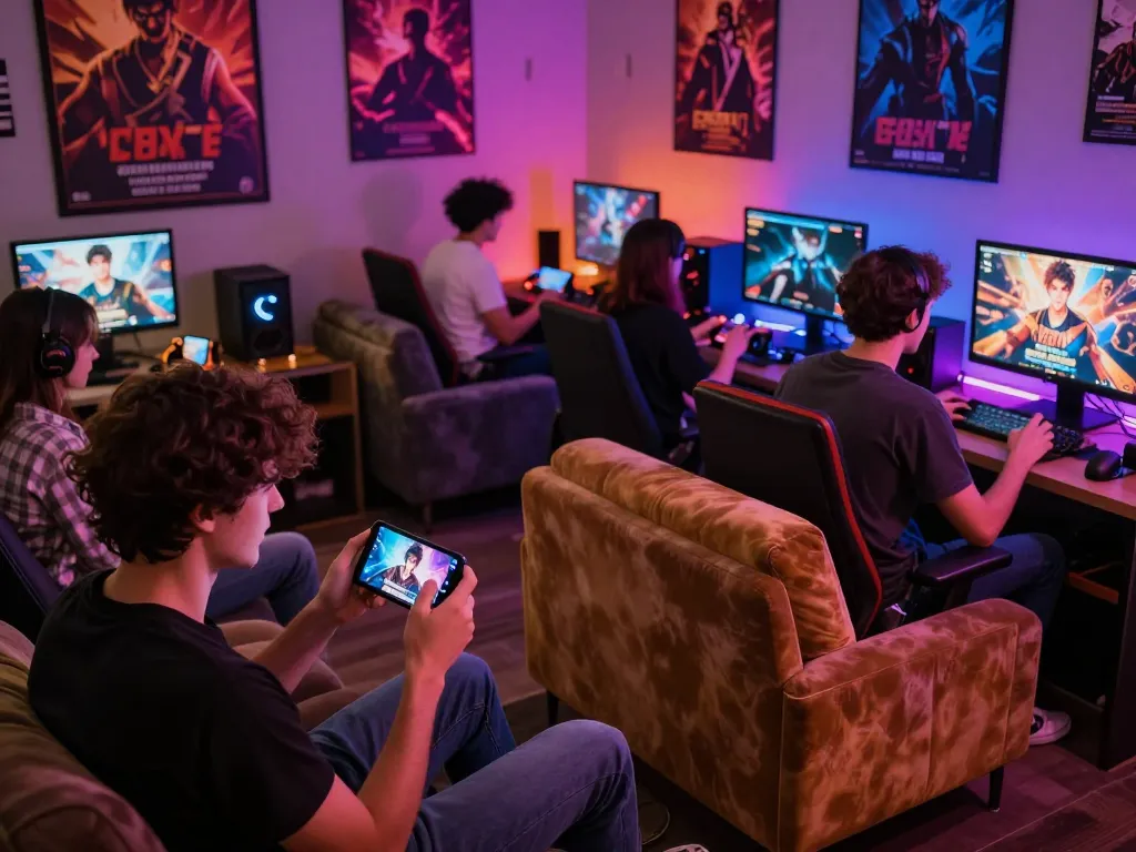 Players immersed in interactive porn games on mobile and consoles in a cozy lounge atmosphere.