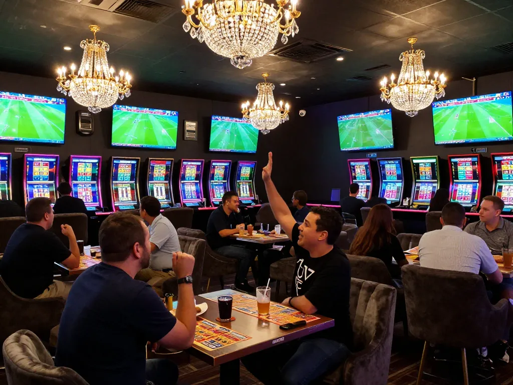 Watch the exciting kết quả bóng đá unfold as bettors cheer in a lively sports lounge.