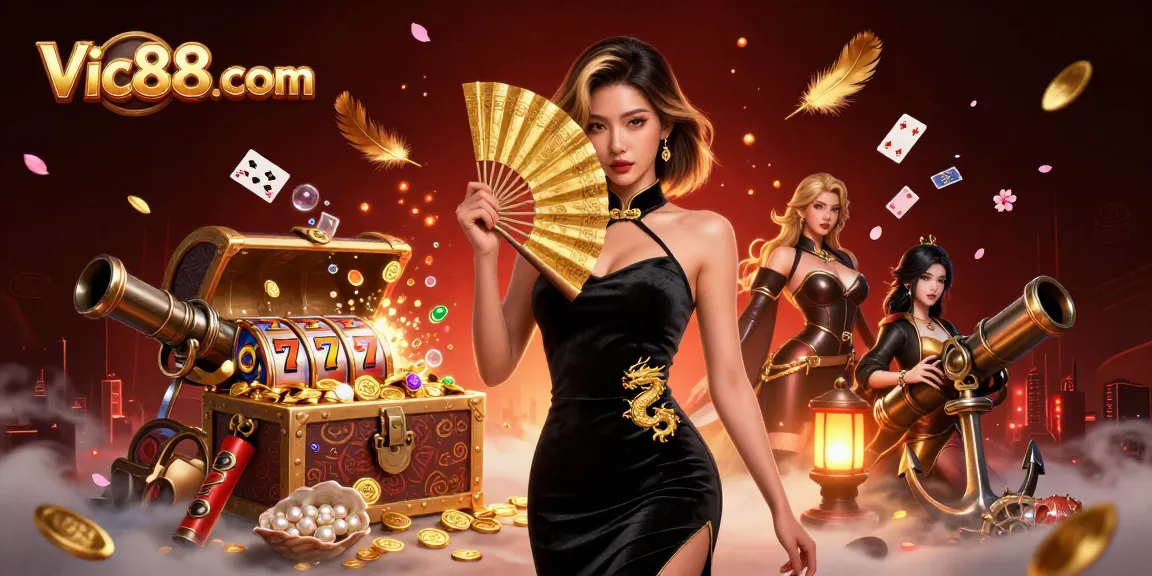 Experience thrilling gaming at Vic88 com with a captivating Asian dealer amidst treasures and vibrant casino elements.