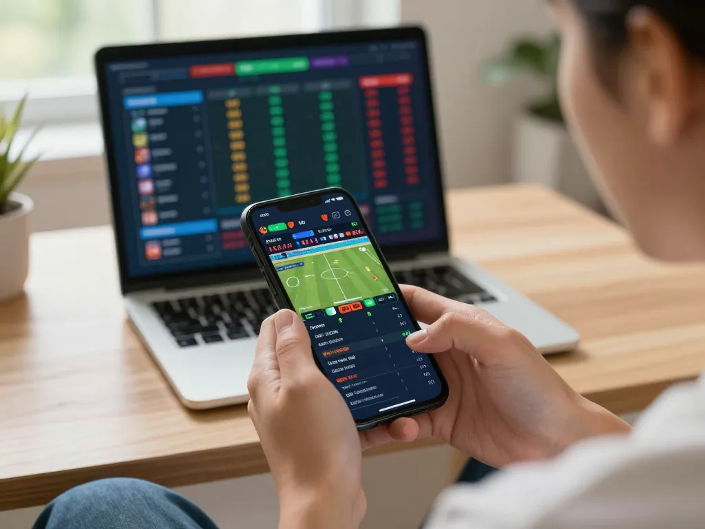 Engaging in live betting on vb88, showcasing smartphone use in a cozy home setting