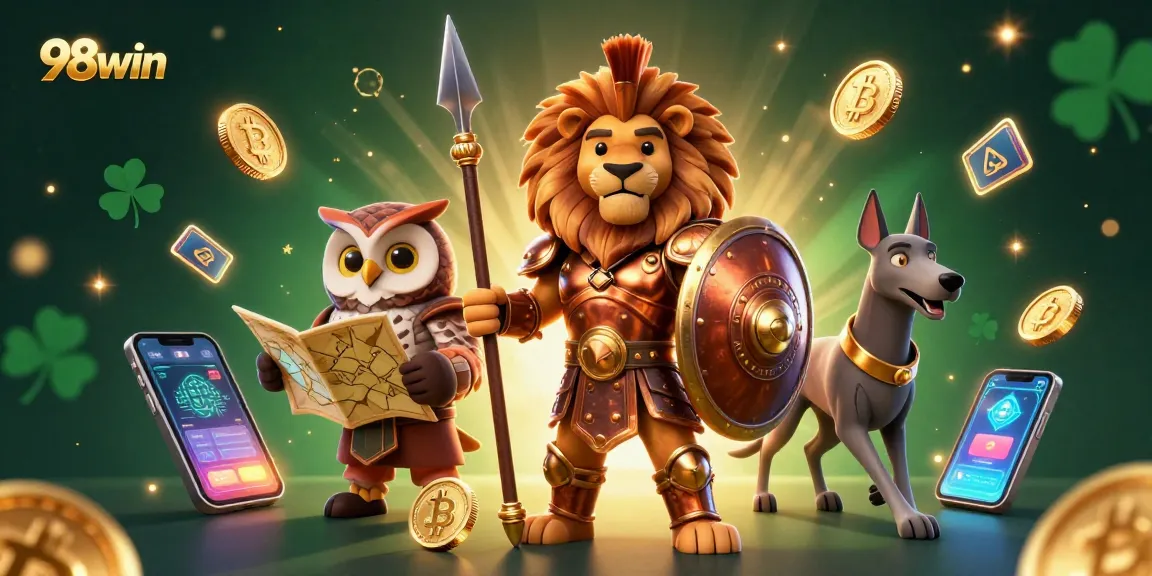 Engage in thrilling gaming at 98win, featuring a dynamic 3D illustrated scene with a Spartan lion and casino elements.