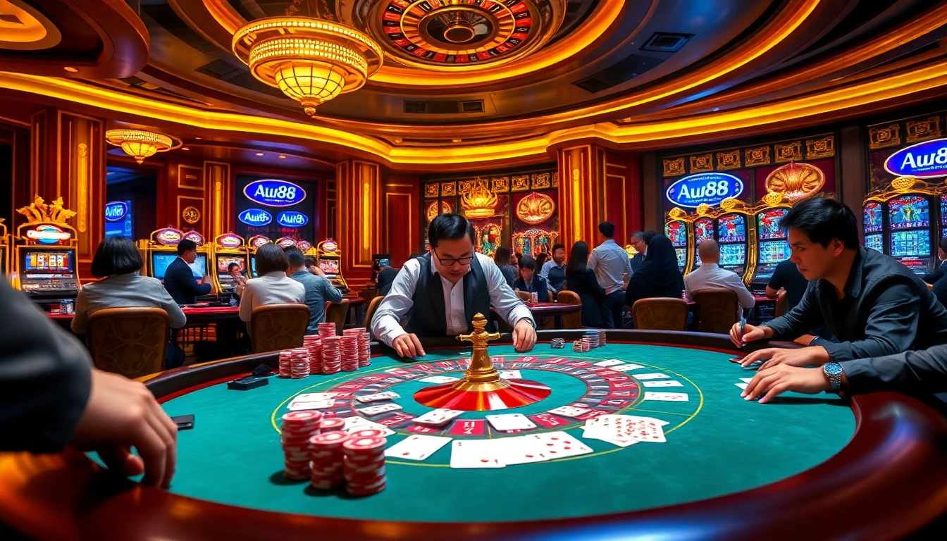 Experience the excitement of AU88 with players at a vibrant casino table, lively poker action, and elegant roulette.
