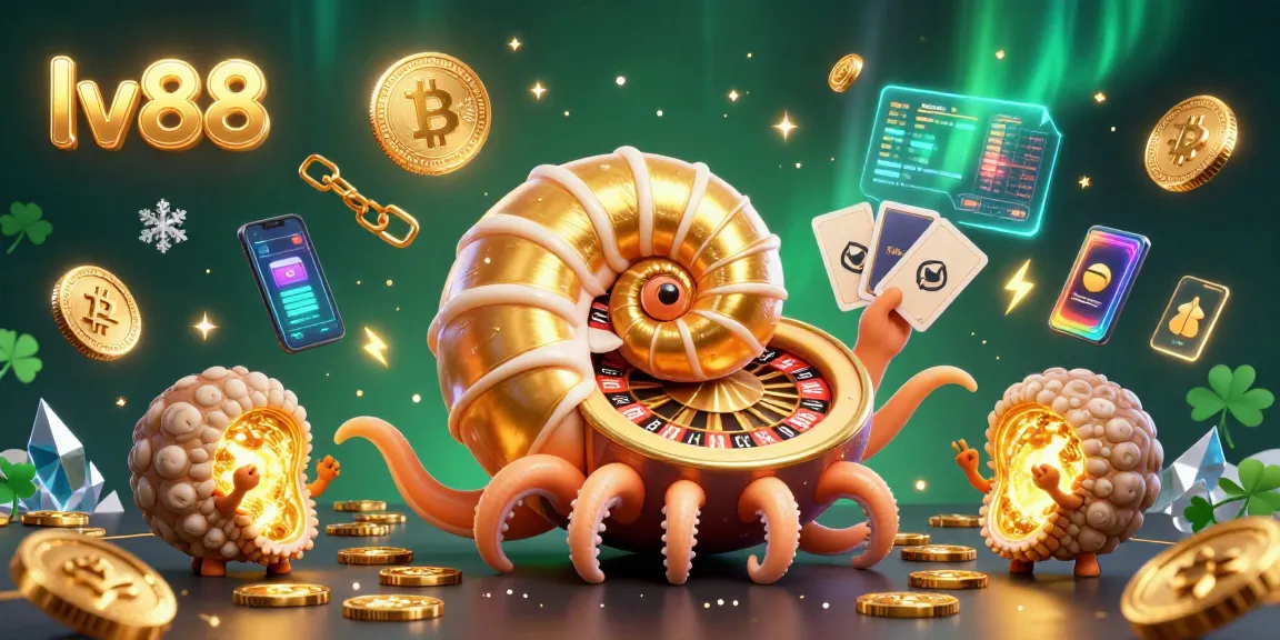 Engage with the vibrant lv88 casino scene featuring a giant nautilus roulette and glowing cryptocurrencies.