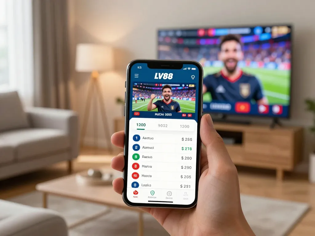 Engaged user placing bets on LV88 mobile app during live sports event in a cozy setting.