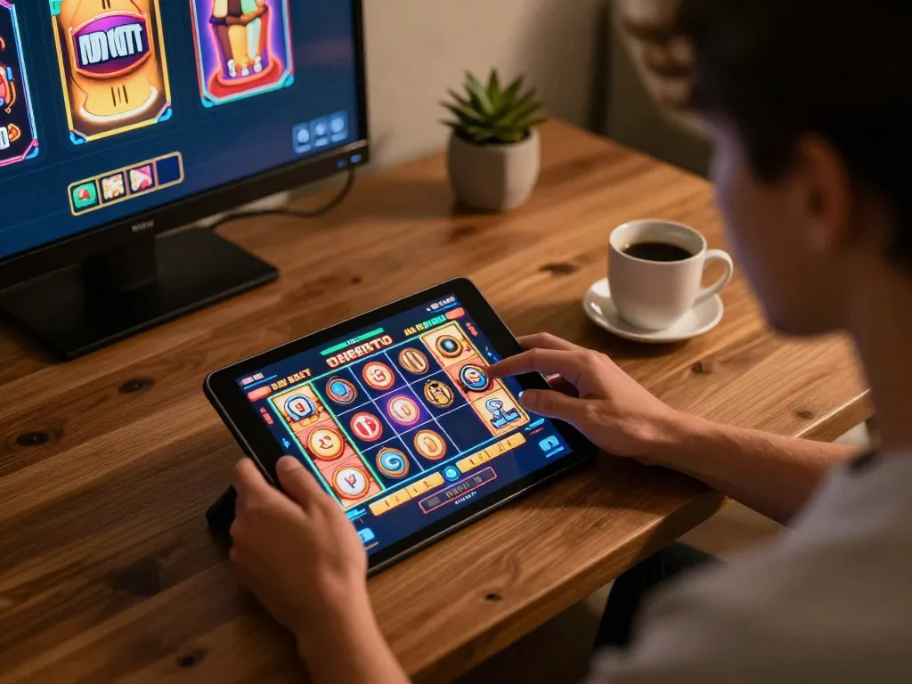 Engaged player exploring god55's exciting online slot games on a sleek tablet at home