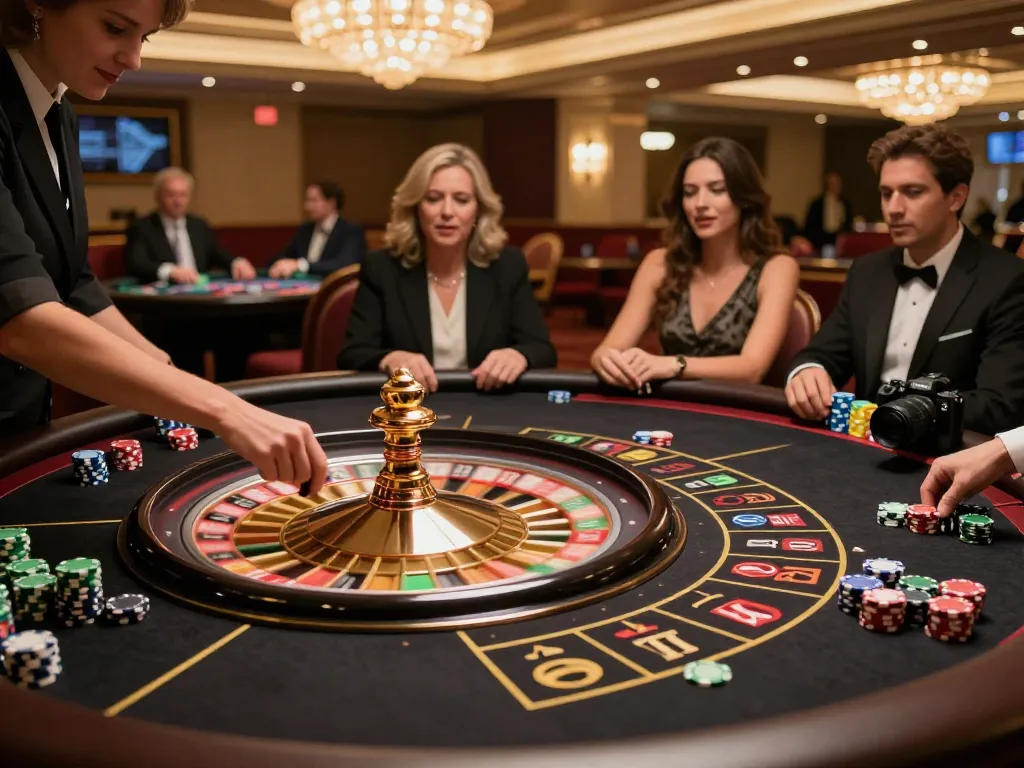 Experience the thrill of betting at https://da88at.com/ on an elegant roulette table with players engaged.