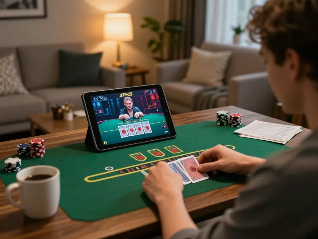 Player engaged in live blackjack game on TT88 tablet in cozy home setting