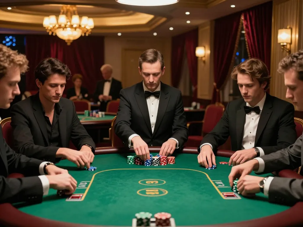 79KING players raising bets during an intense high-stakes poker game in a luxurious casino.