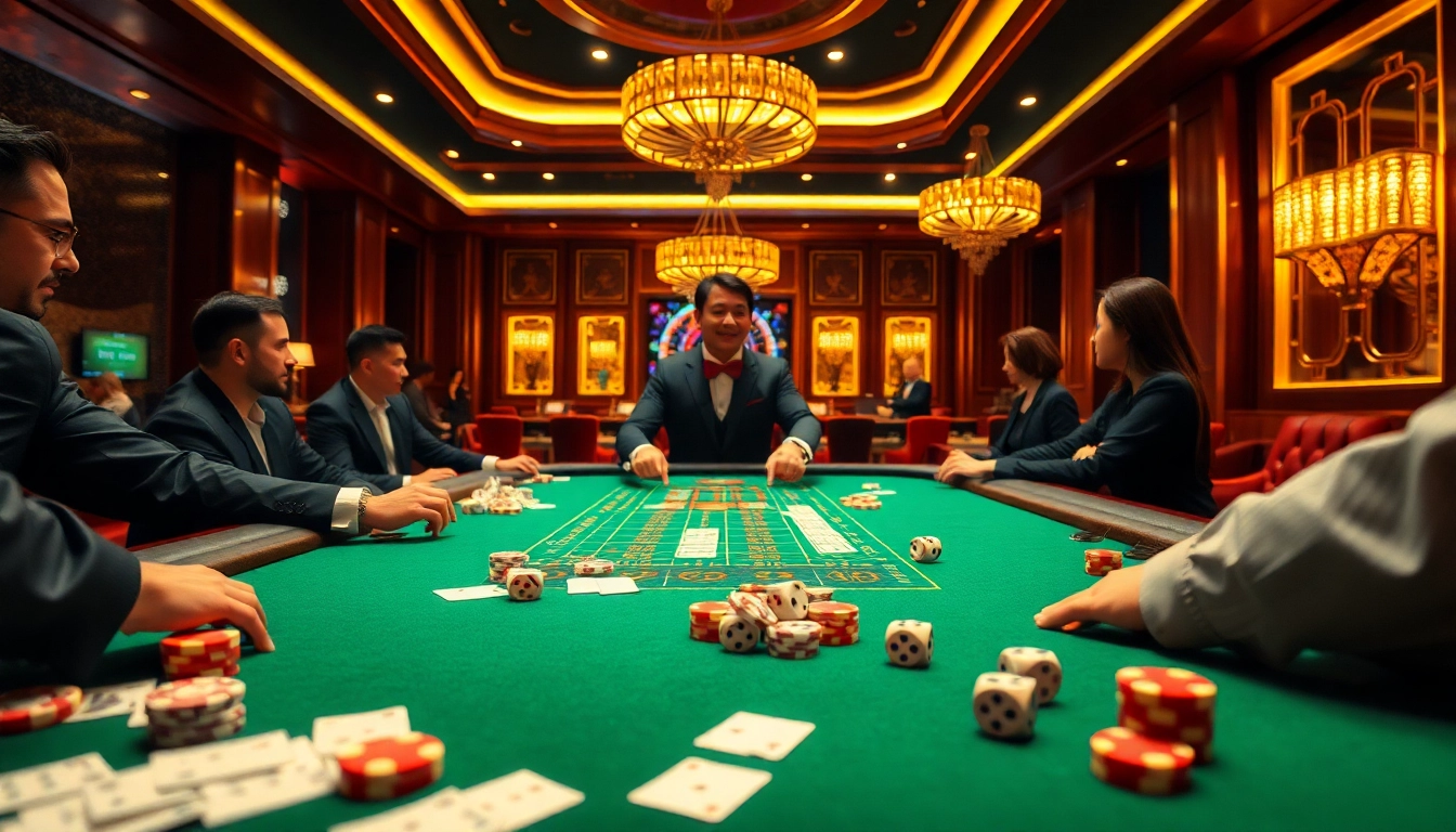 Xóc đĩa online betting table with professional dealer and excited players in a luxury casino