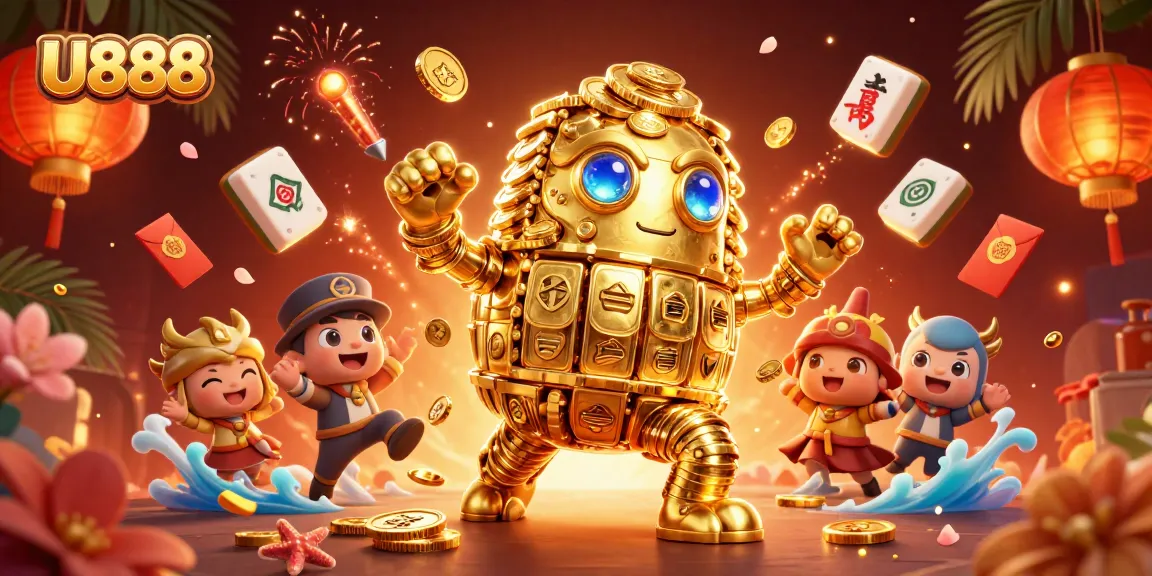Engage with U888: A vibrant 3D illustration showcasing a golden golem surrounded by dynamic casino elements.