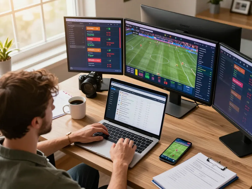 Cakhia TV user engaging in sports betting at home with multiple screens displaying live events and betting odds.
