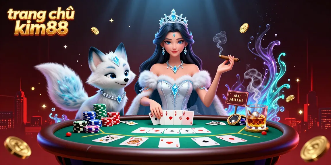 Experience thrilling gaming at trang chủ kim88 with this detailed illustration showcasing an arctic theme and poker elements.