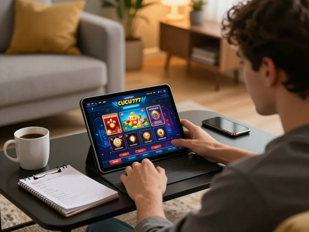 Engaging online gaming moment at CUCU777 with player using a tablet for casino games