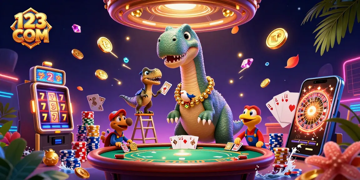 Engage with 123 COM's thrilling casino atmosphere featuring a colossal brontosaurus and vibrant gaming elements.