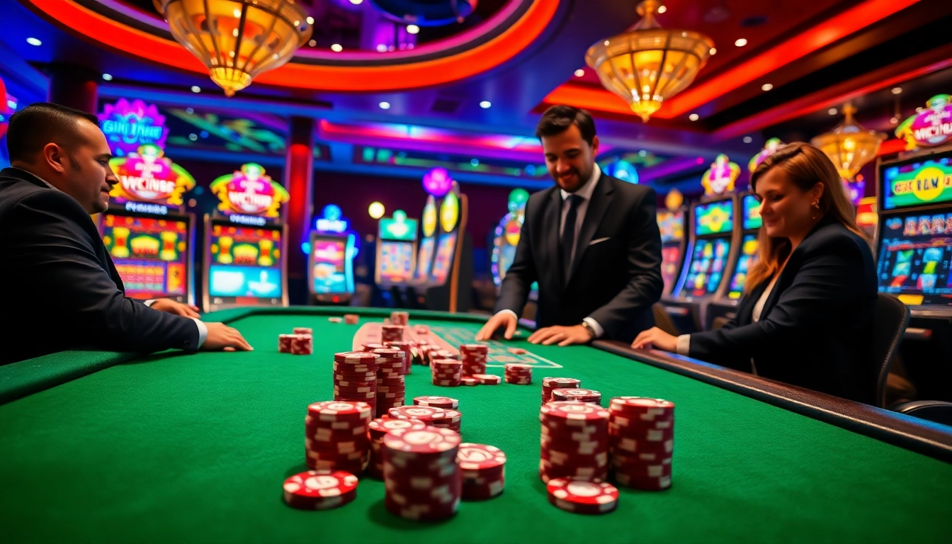 8kbet players engaging in an exciting casino game with vibrant lights and luxury decor.