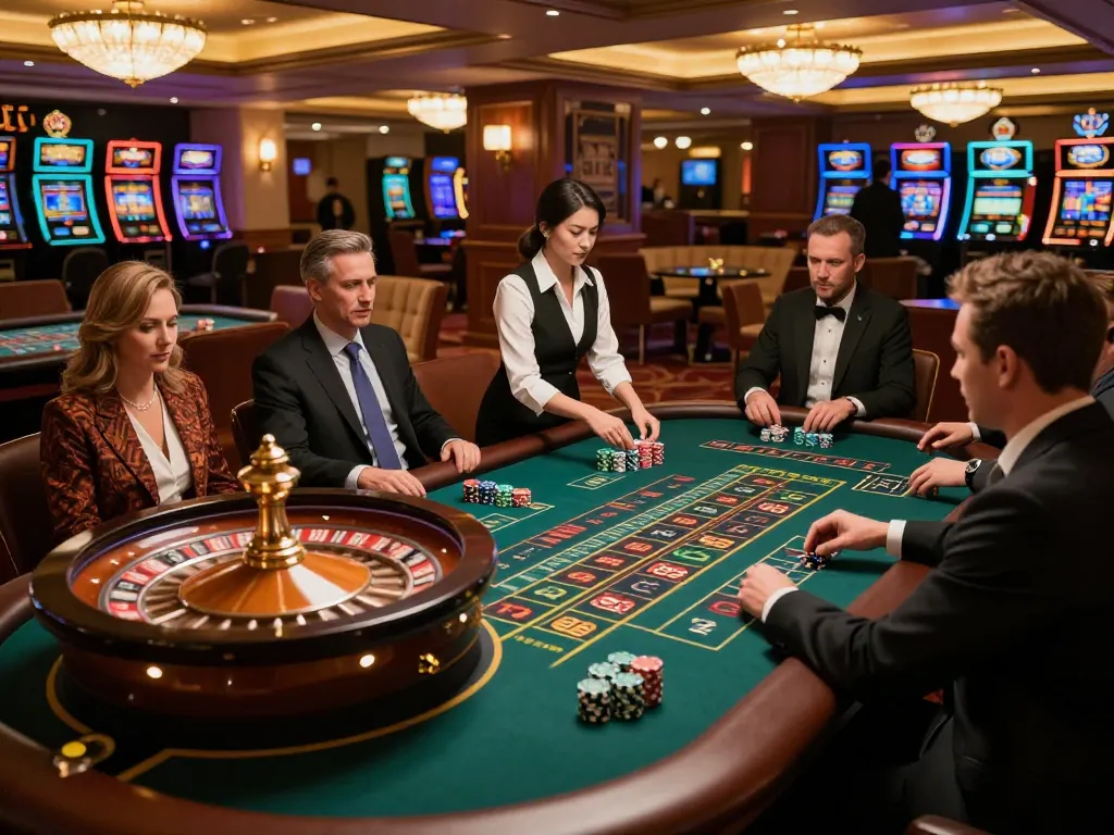 Experience the thrill of ve88 with players engaging at a luxurious roulette table