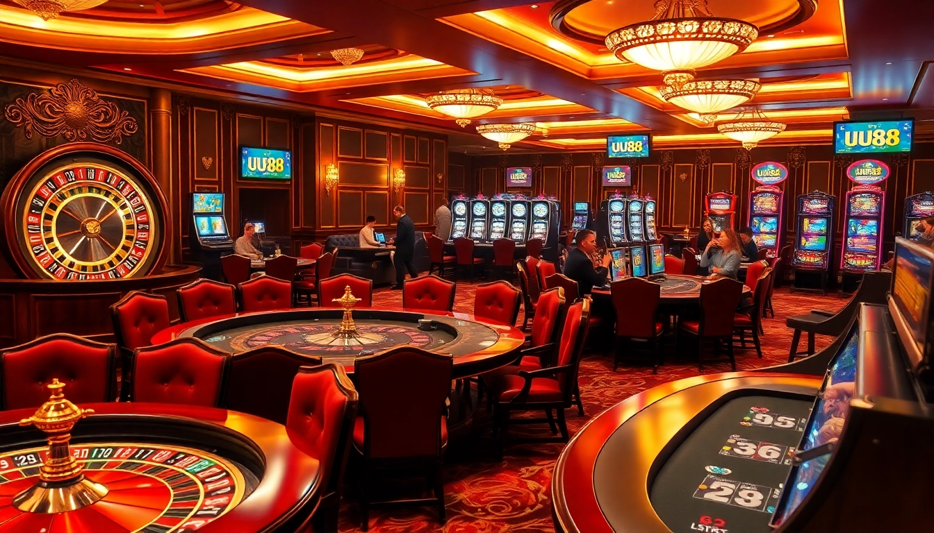 Exciting gambling action with UU88 branding in a vibrant casino setting