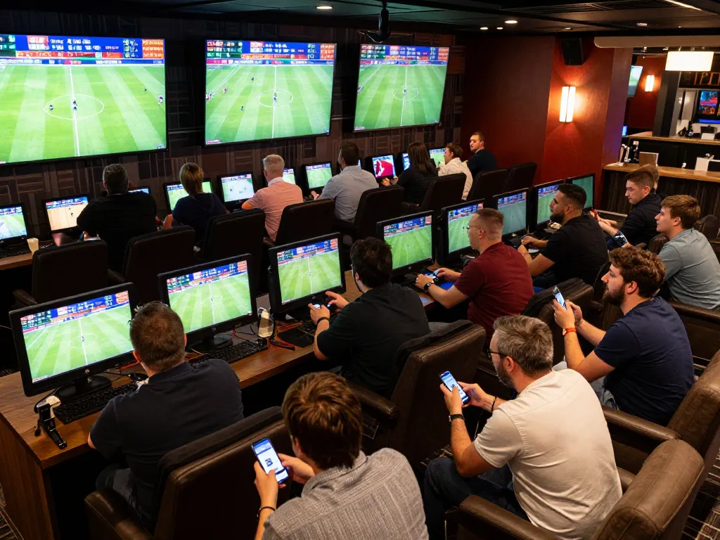 View of a busy sports betting area with fans checking kèo bóng đá on screens and making bets
