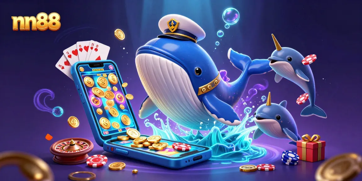 Witness the excitement of nn88 as a 3D cartoon whale and friends celebrate amid riches with festive casino elements.