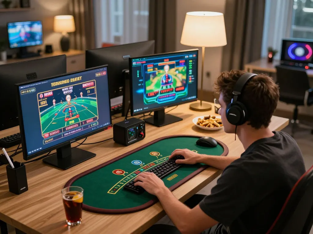 Person engaging in online gaming with O8 while enjoying a cozy home setup and multiple screens