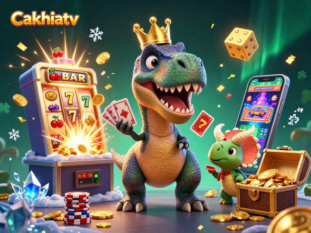 Cakhiatv showcases a lively scene with a cartoon T-Rex shuffling cards amidst casino excitement and golden jackpots.