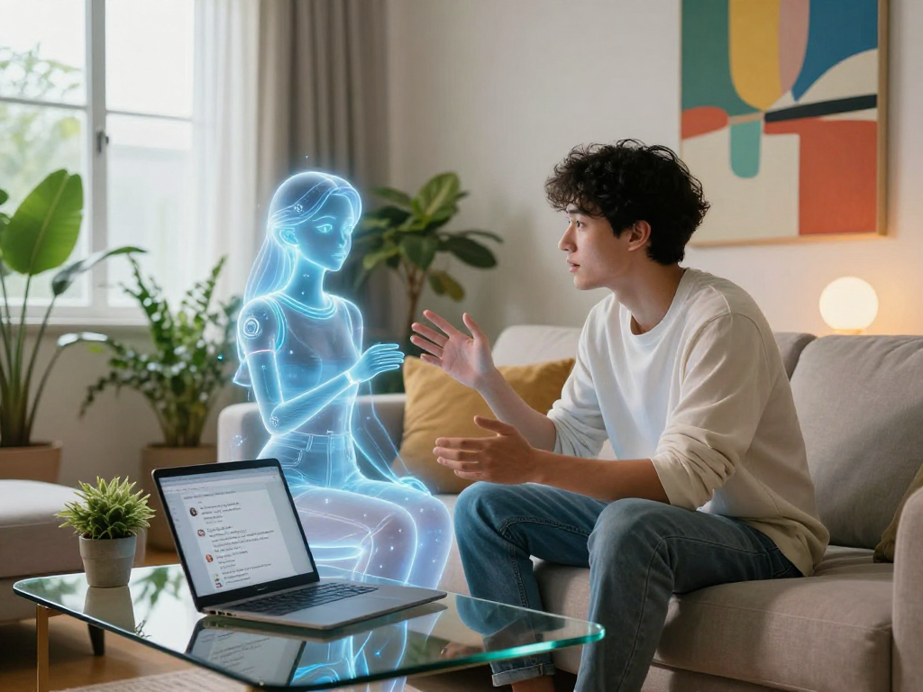 Young man talking to AI girlfriend hologram in a cozy, modern living room.
