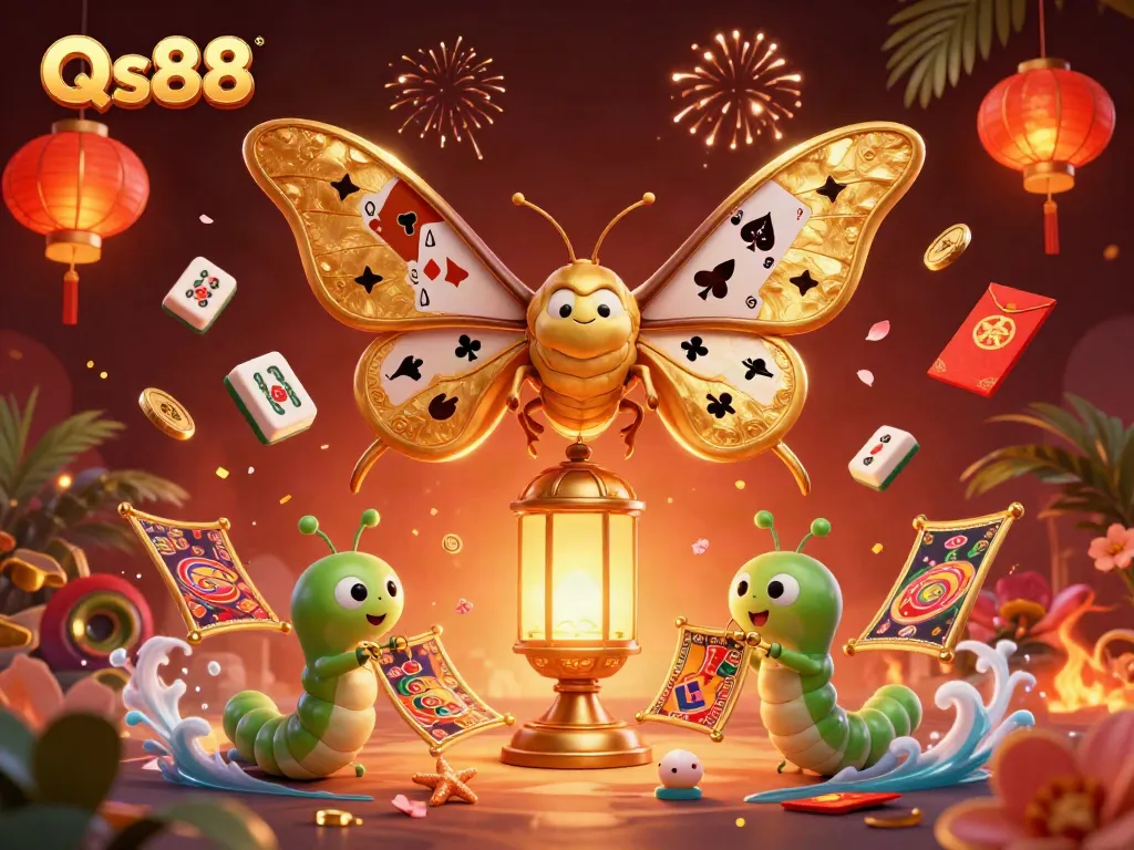 Experience winning moments with Qs88 in a festive casino-themed illustration filled with vibrant elements.