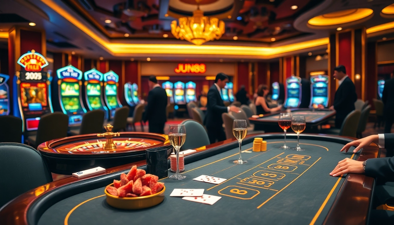 Players enjoying an exciting game at Jun88 casino floor with poker and slot machines.