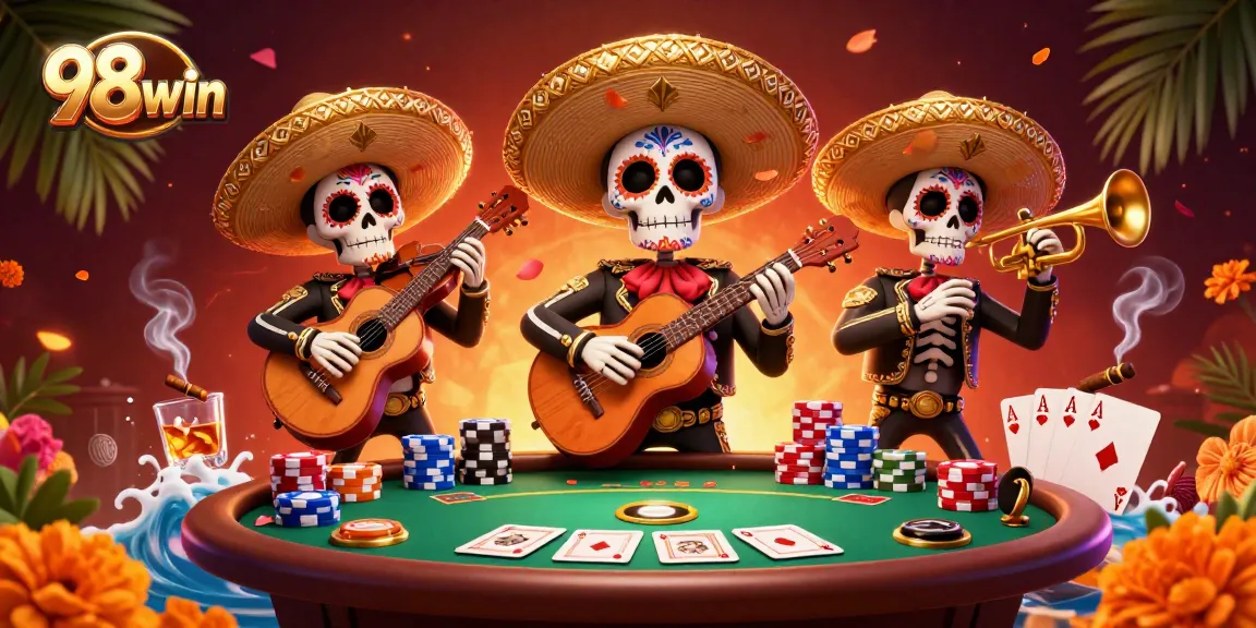 Experience exciting gambling with 98win's vibrant mariachi scene, showcasing poker elements and festive decorations.