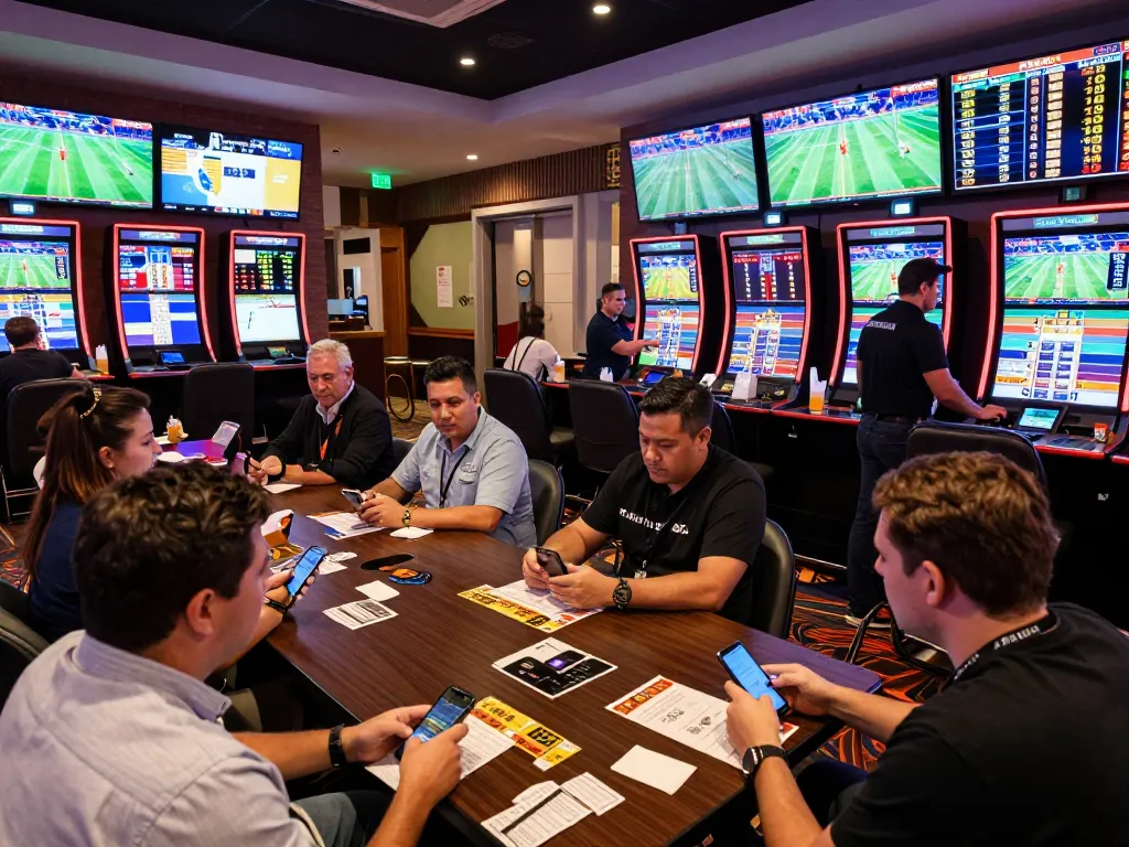 Sports bettors engaged in placing wagers at TX88 online, showcasing interactive betting screens.