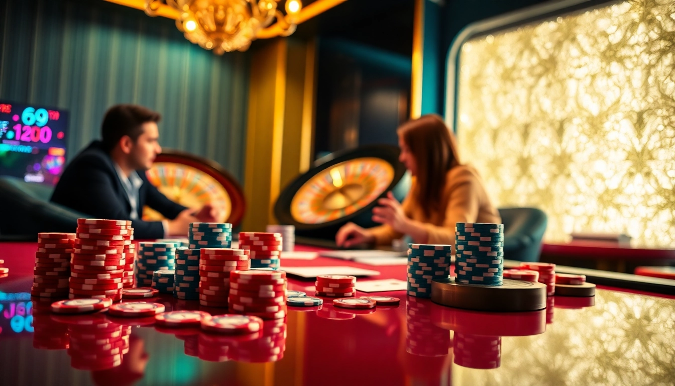 Experience a thrilling poker game setup with 69vn, showcasing vibrant chips and cards in action.