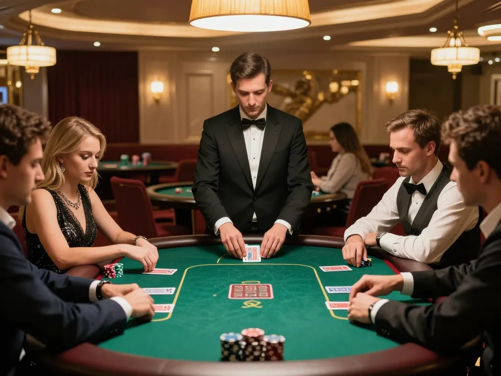 Players analyzing their hands at SC88's luxurious poker table, showcasing strategic gameplay.