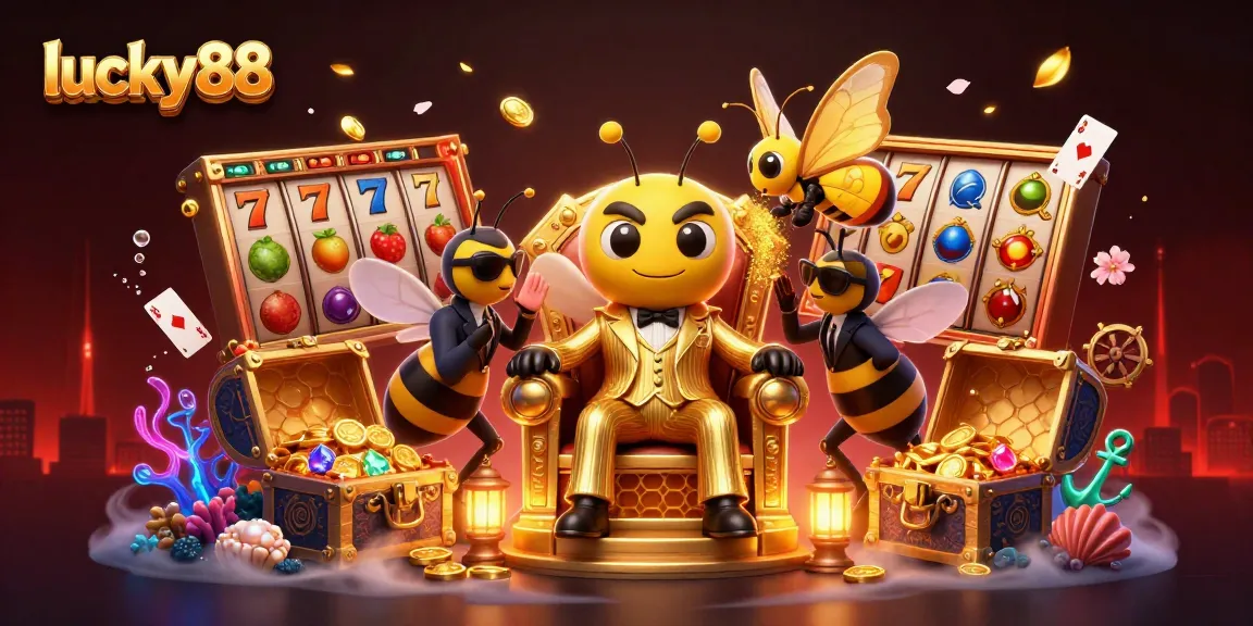 Engage with the lucky88 slot game in a vibrant, exciting 3D scene filled with animated symbols and characters.