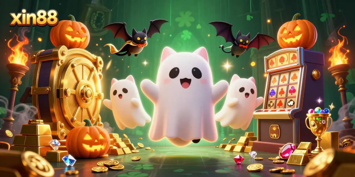 Experience excitement at xin88 with a dynamic illustration of a ghost cat and vampire bat in a casino adventure.