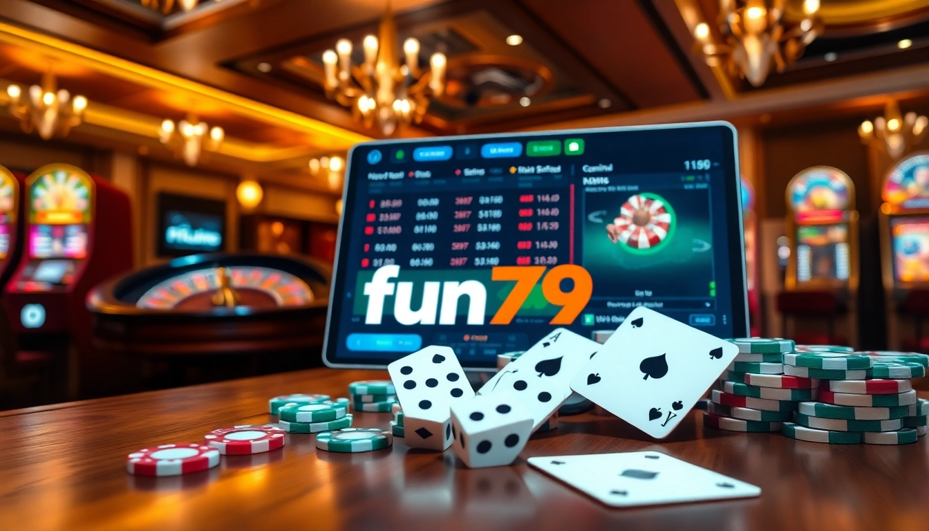 Experience thrilling gaming action with fun79, showcasing a vibrant casino atmosphere and dynamic betting elements.