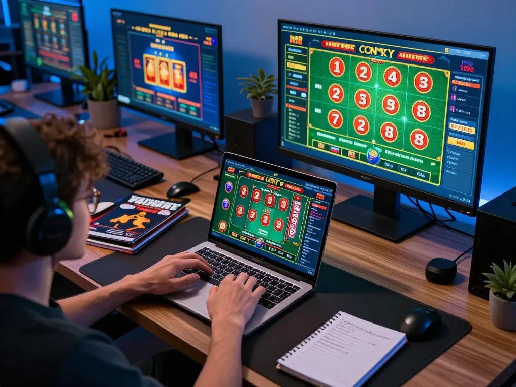 Person playing sunwingo games on a laptop, showcasing an engaging online casino setup with colorful screens.