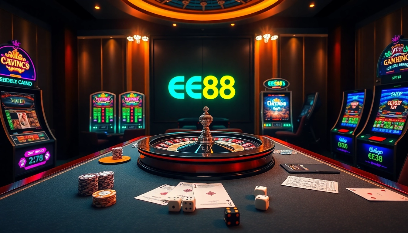 Experience the excitement at EE88 with vibrant casino tables and engaging slot machines.