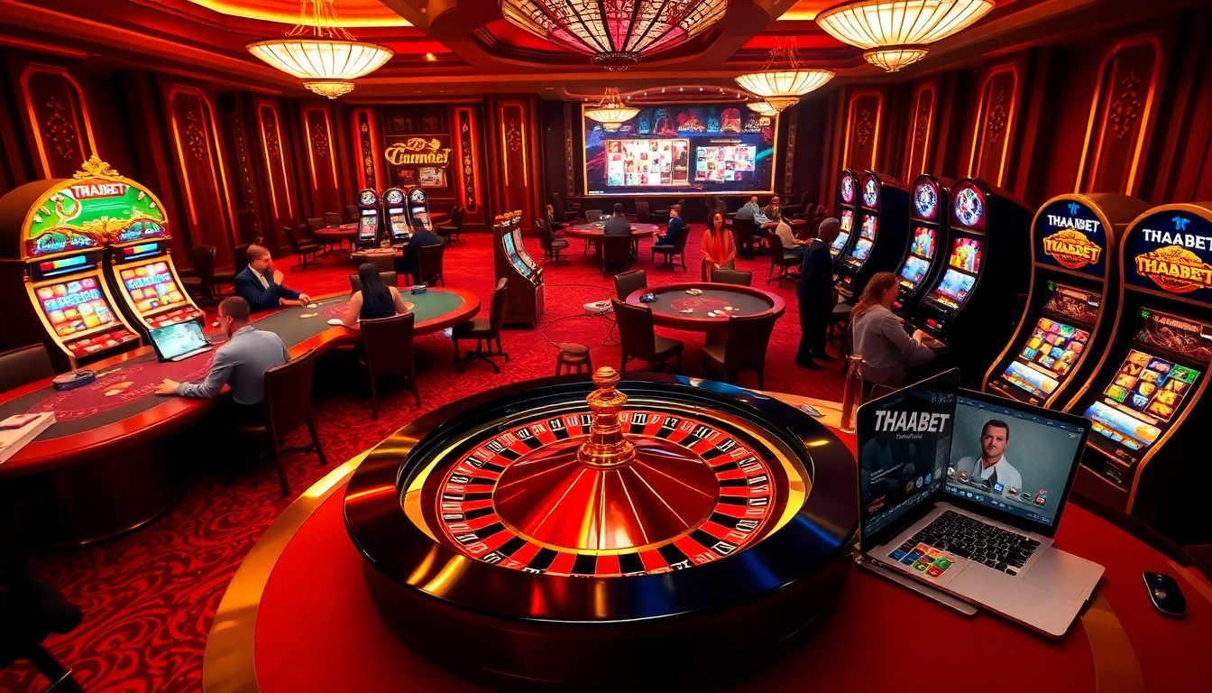 Experience the thrilling ambiance of THABET casino with poker tables and roulette wheel in a luxurious setting.