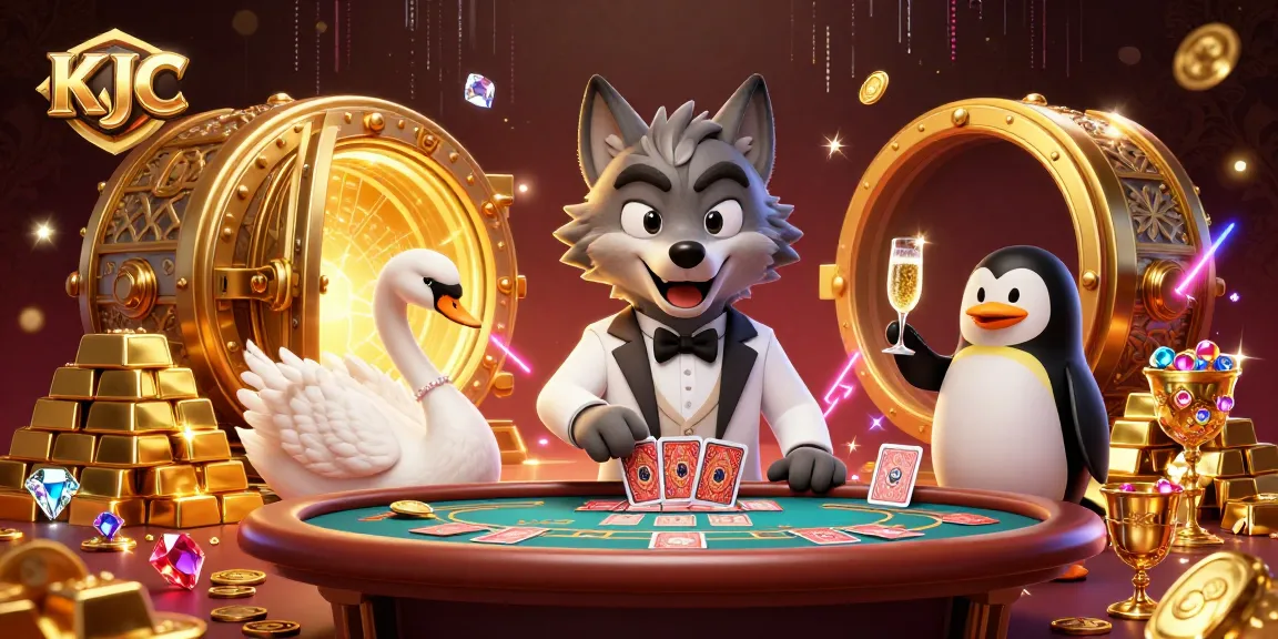 KJC offers a luxurious baccarat experience with a debonair wolf dealer, elegant swan, and penguin sommelier amidst gold treasures.