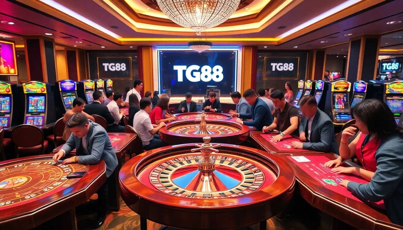 Exciting gaming scene at TG88 casino with vibrant tables, chips, and players engaged in action.