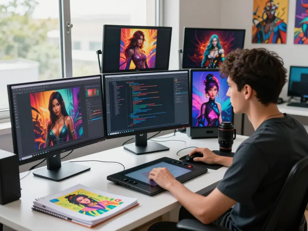 A digital art studio showcasing a developer creating AI-generated graphics related to ai porn with vibrant colors and multiple screens.