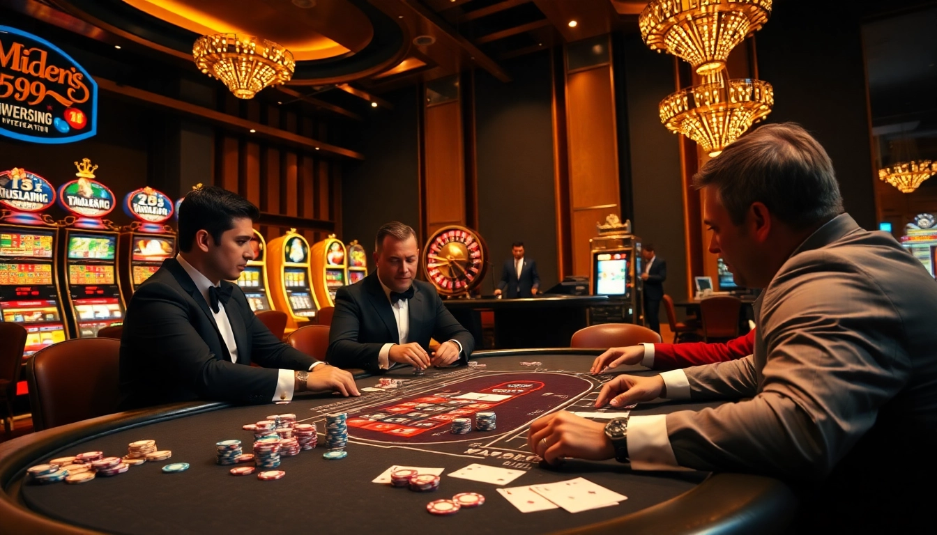 Experience thrilling gambling action at https://rr99.center/ with a vibrant poker scene, featuring players, chips, and a roulette wheel.