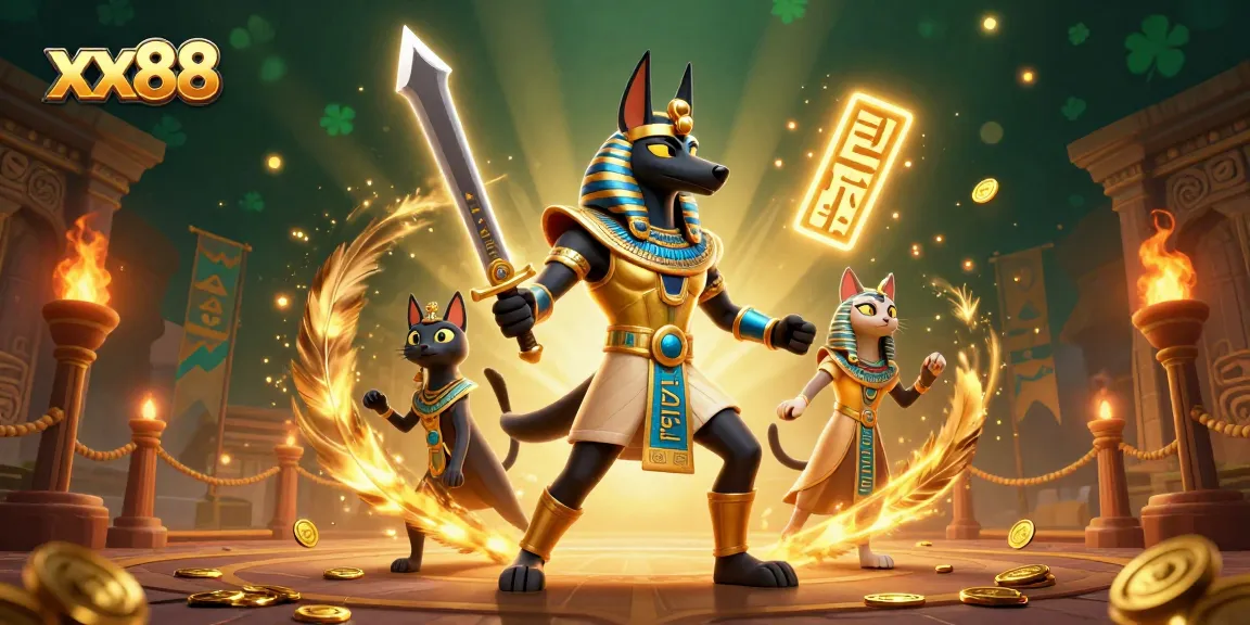 Engage with xx88 gaming world, featuring Anubis and Bastet in a dynamic casino battle arena.