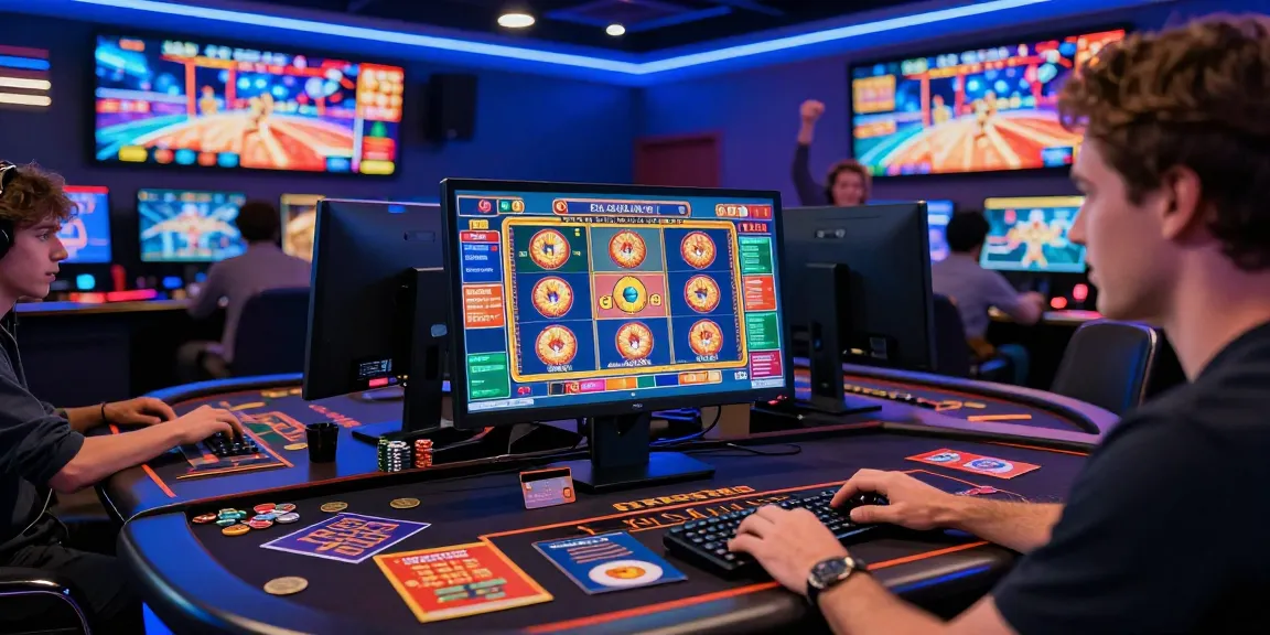 Exciting player experience at credit card casinos with vibrant gaming atmosphere and neon lights.
