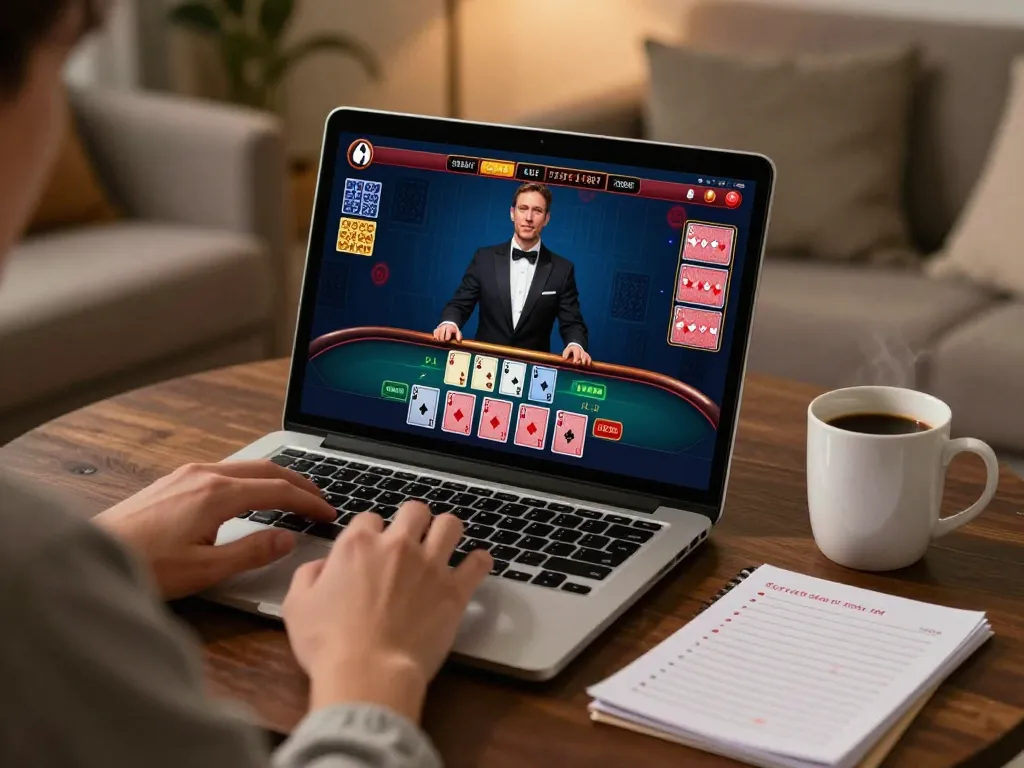 Player enjoying FLY 88 online gaming with live dealer on laptop in cozy home setting.