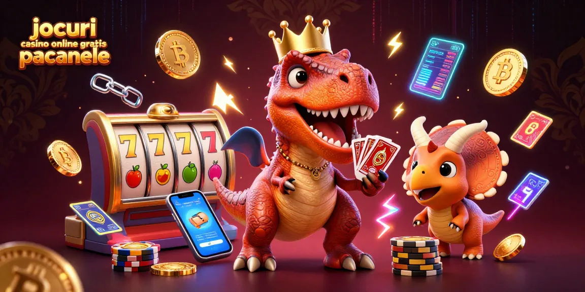 Joacă jocuri casino online gratis păcănele cu un T-Rex prietenos și prietenii săi în atmosferă vibrantă.
