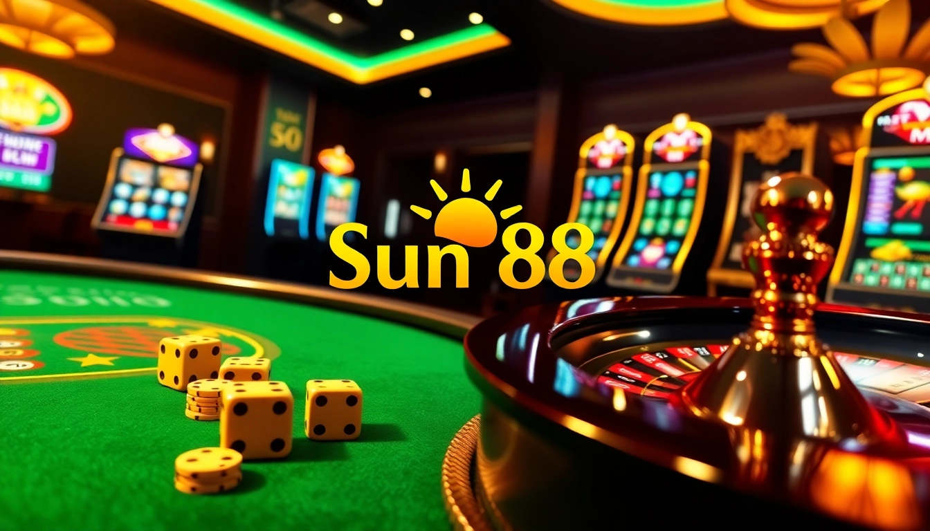 Gambling excitement at Sun88 with luxurious poker table and vibrant online casino interface.