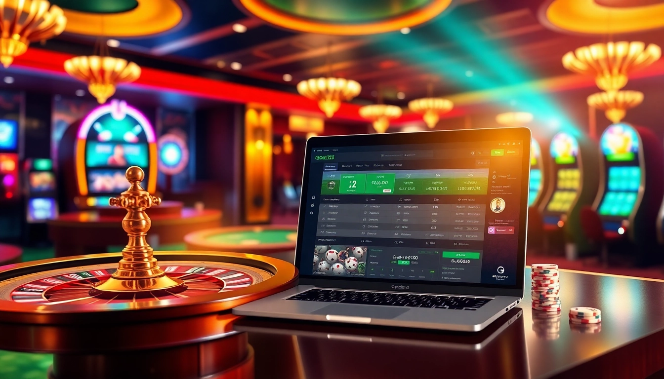 A vibrant online gambling scene featuring Goal123 with casino tables, poker chips, and roulette wheels creating an exciting atmosphere.