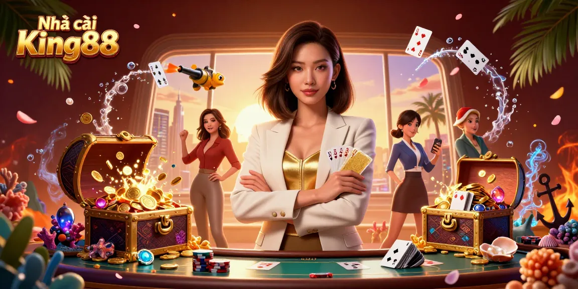 Engage with Nhà cái King88's elite gambling experience featuring a glamorous Asian woman holding playing cards amidst underwater treasures.
