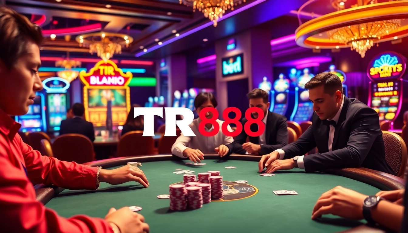 Players enjoying a high-stakes poker game at TR88 casino, with chips and cards on the table.